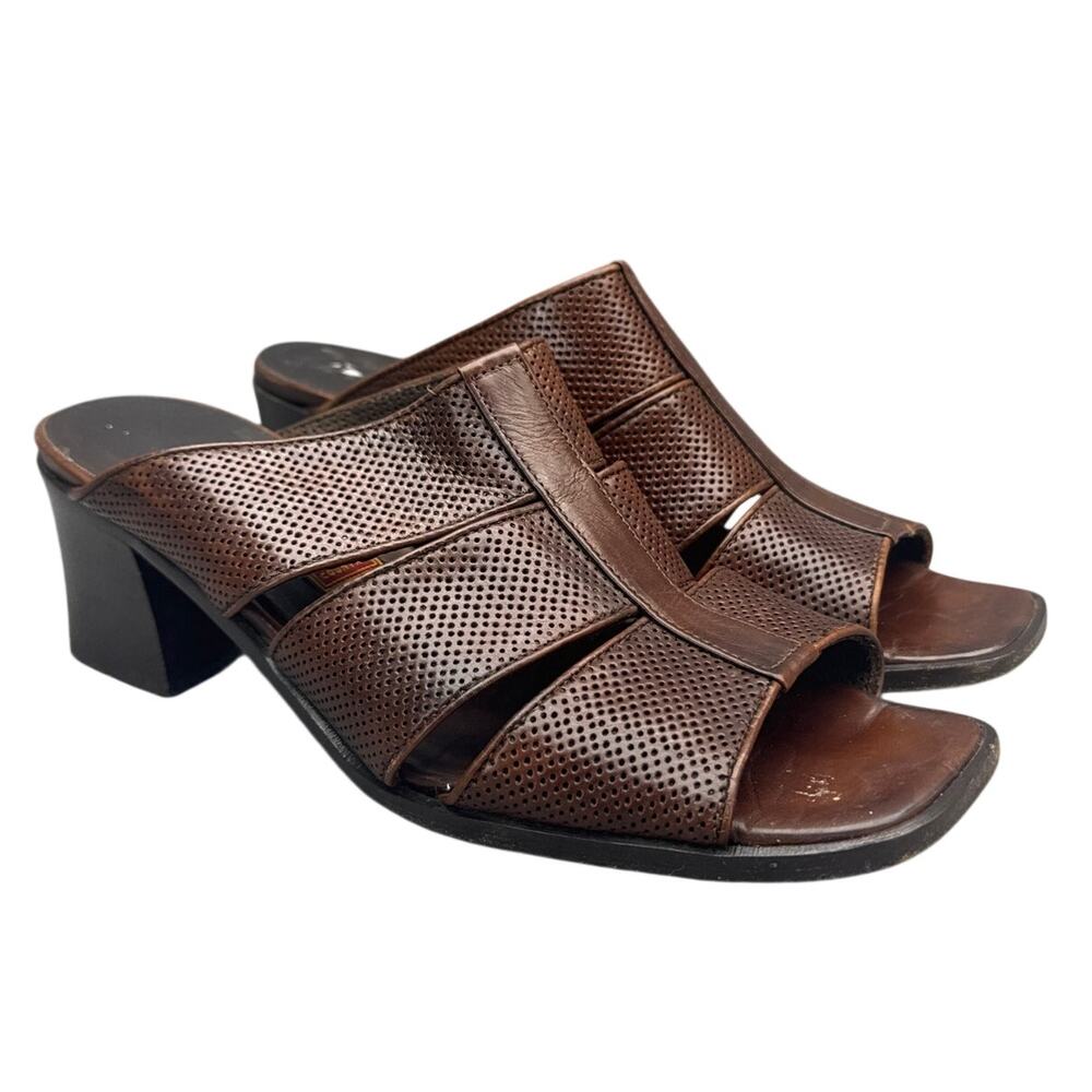 Cole Haan Brown Perforated Leather Block Heel Slide Mule Sandal Women 8.5